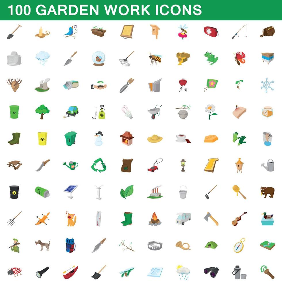 100 tuin werk iconen set, cartoon stijl vector