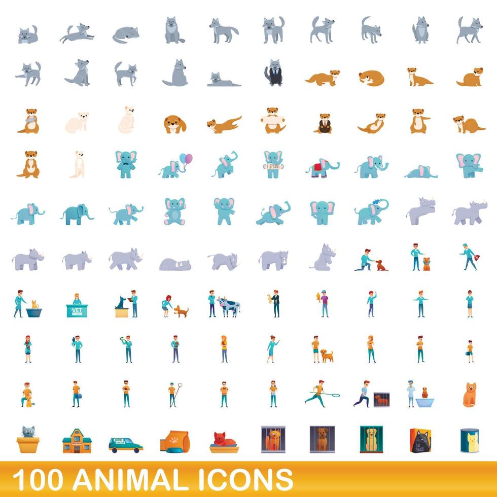 100 dieren iconen set, cartoon stijl vector