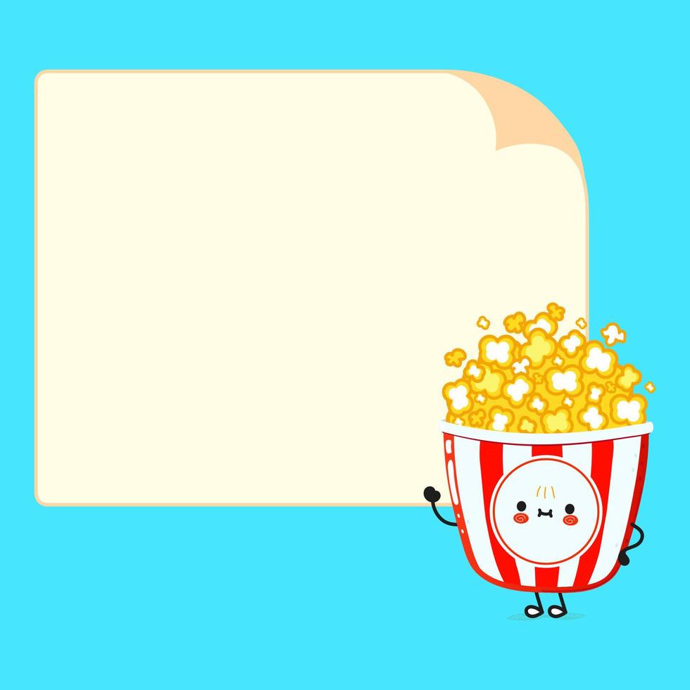 leuke grappige popcorn poster karakter. vector hand getekend cartoon kawaii karakter illustratie. geïsoleerde blauwe achtergrond. popcornposter