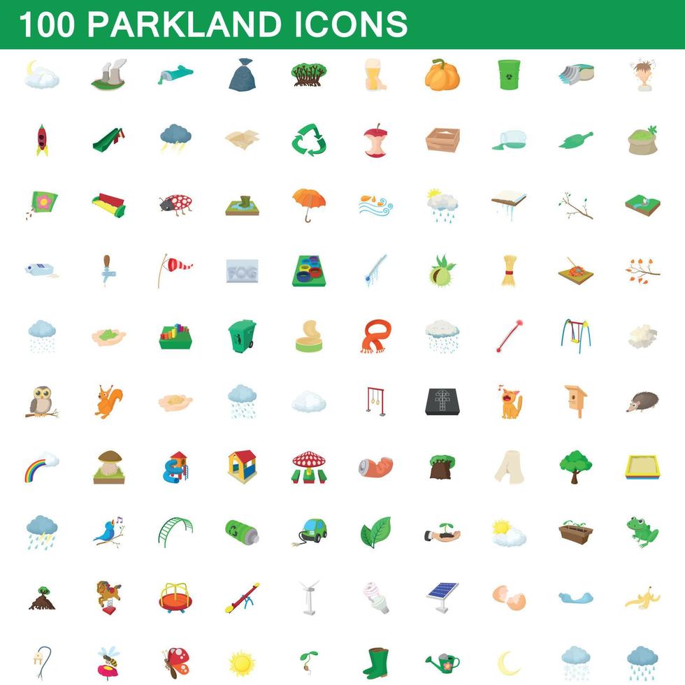 100 park iconen set, cartoon stijl vector