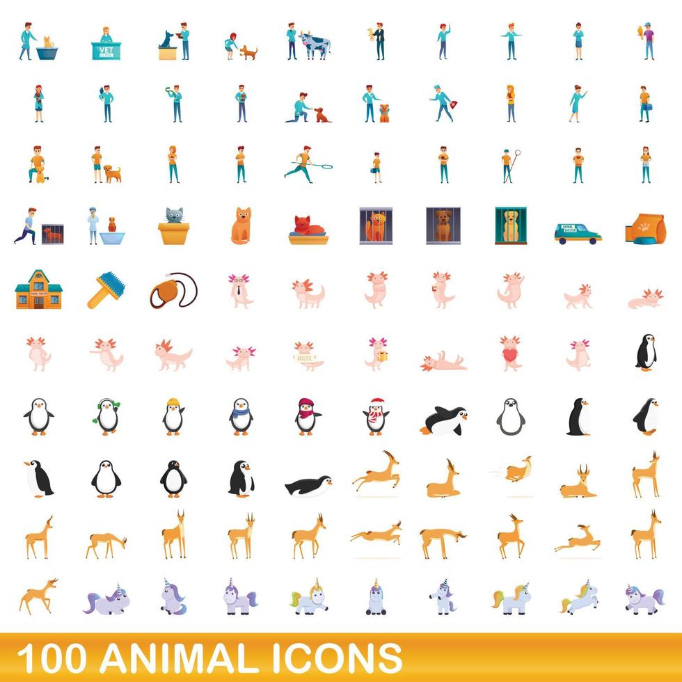 100 dieren iconen set, cartoon stijl vector