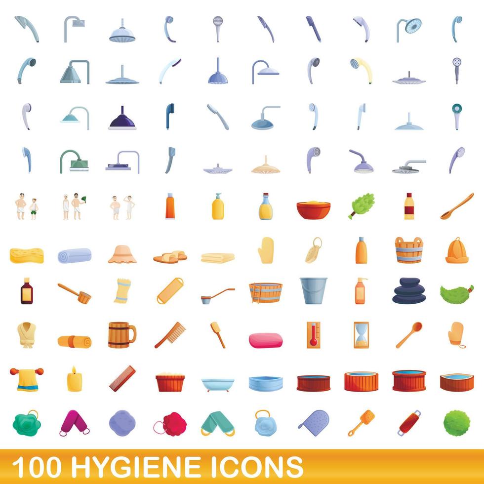 100 hygiëne iconen set, cartoon stijl vector