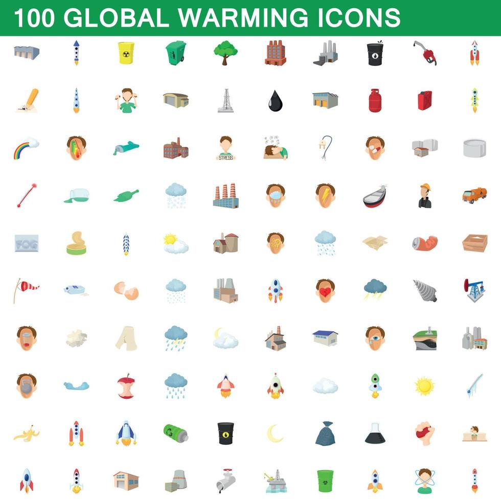 100 opwarming van de aarde iconen set, cartoon stijl vector