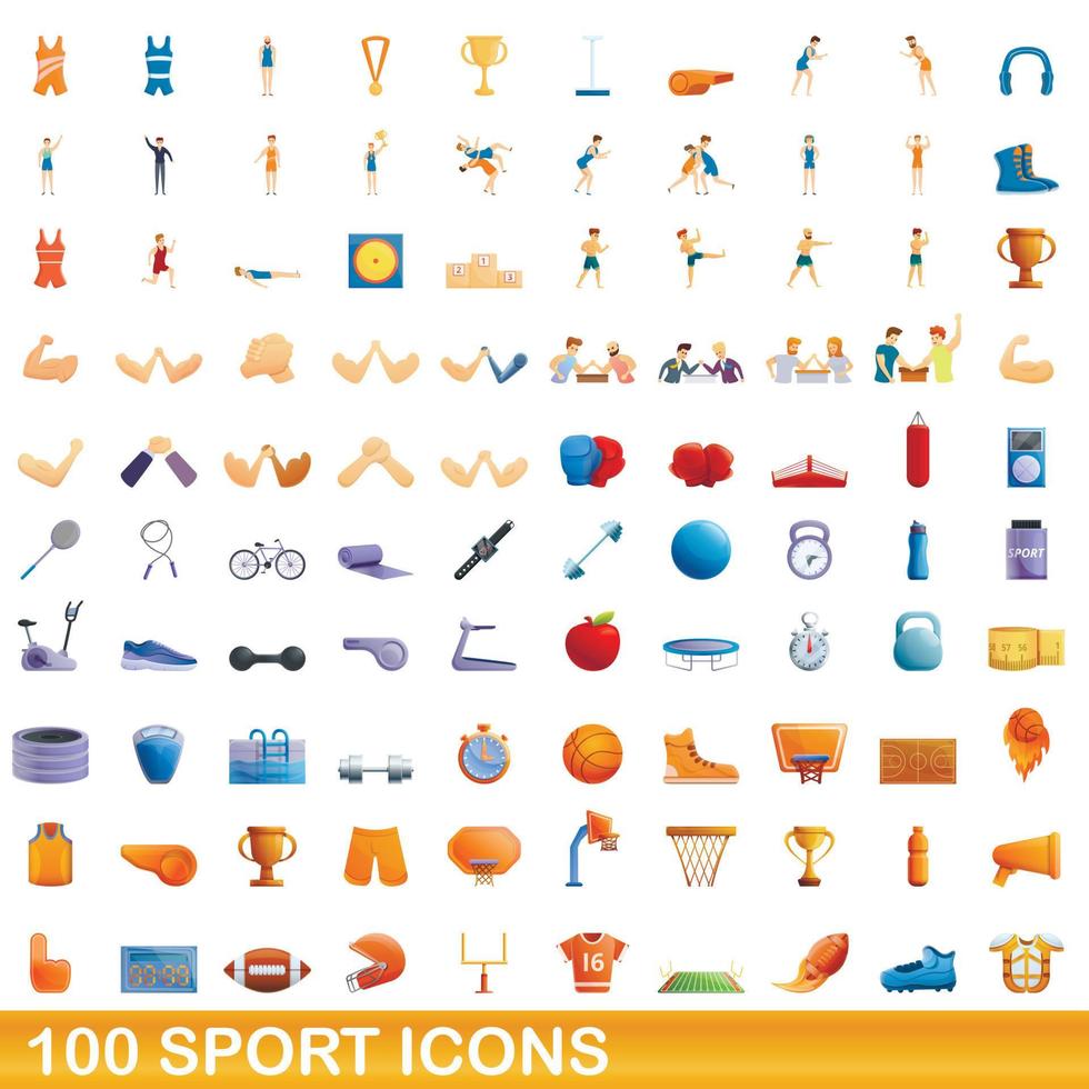 100 sport iconen set, cartoon stijl vector