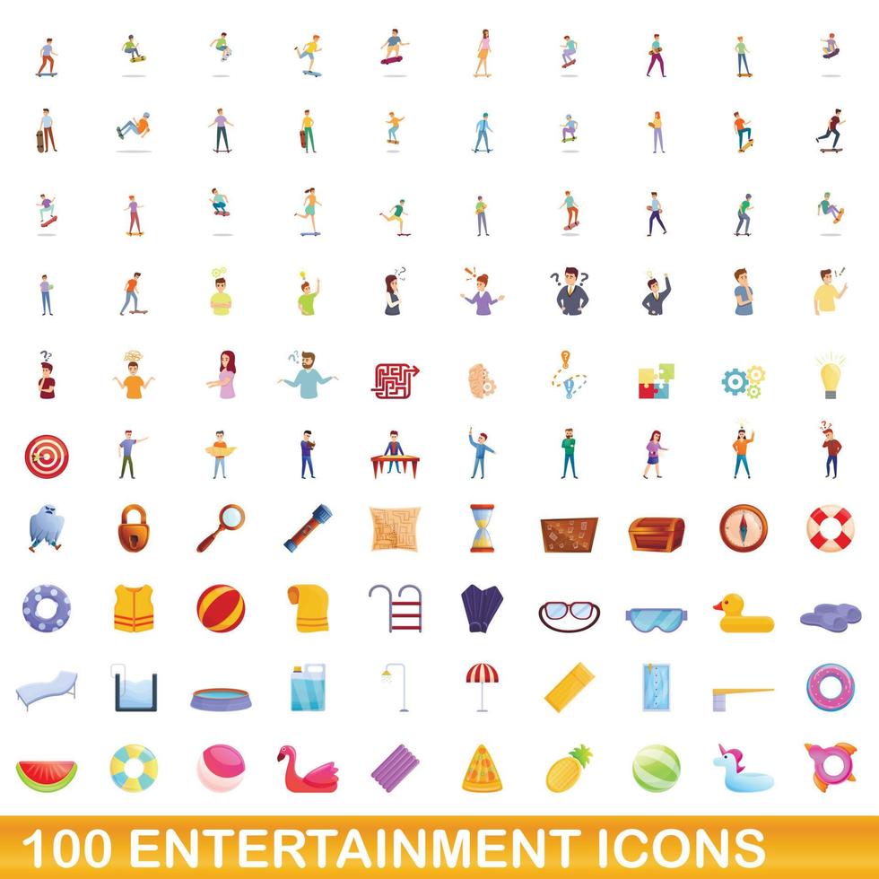 100 entertainment iconen set, cartoon stijl vector