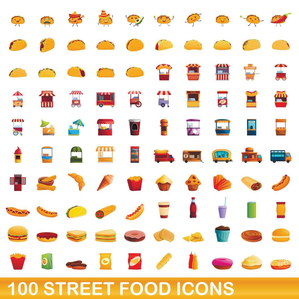 100 straatvoedsel iconen set, cartoon stijl vector