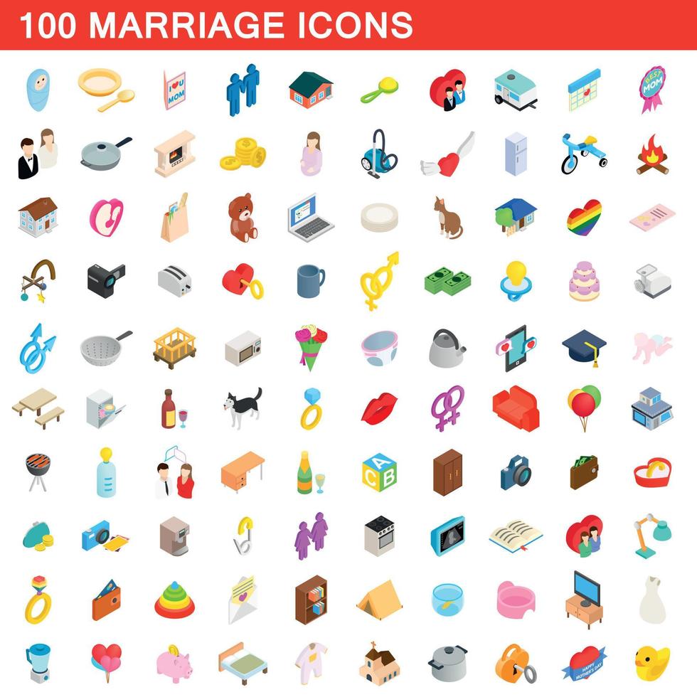 100 huwelijk iconen set, isometrische 3D-stijl vector