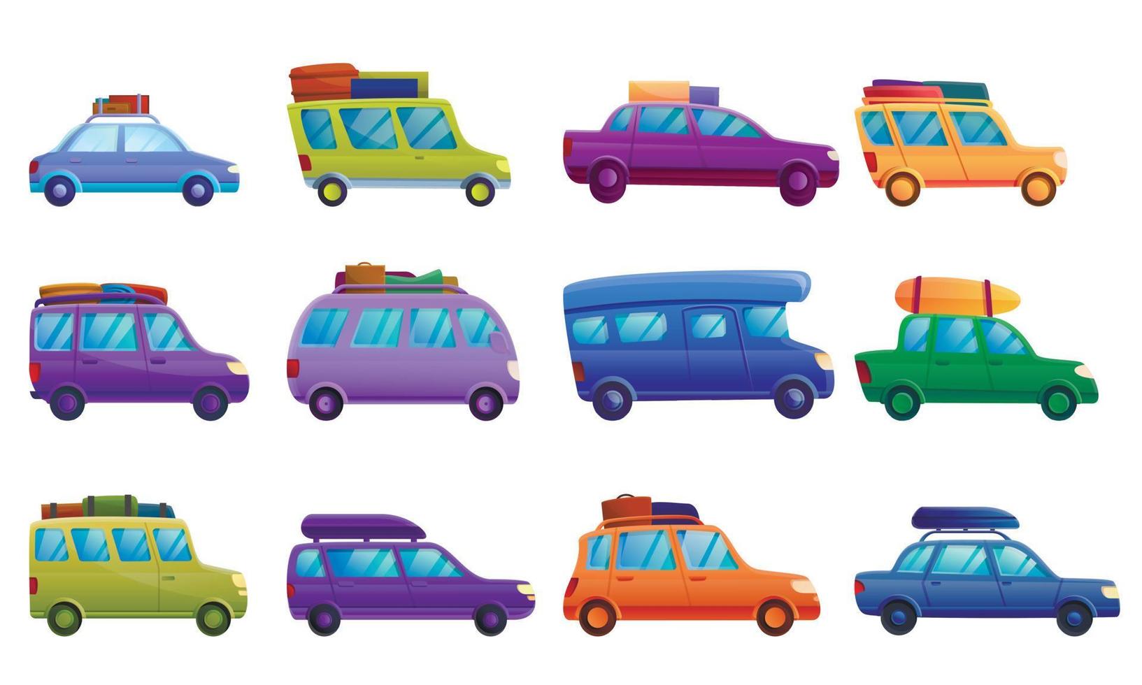 reizen op auto iconen set, cartoon stijl vector