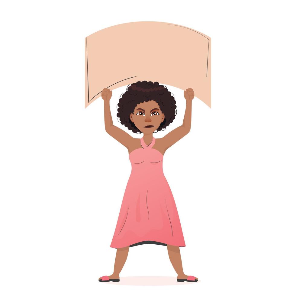 jonge afro-amerikaanse leider die uit protest een leeg bordje voor tekst vasthoudt. illustratie van een vrouwelijke activist in een roze jurk vector