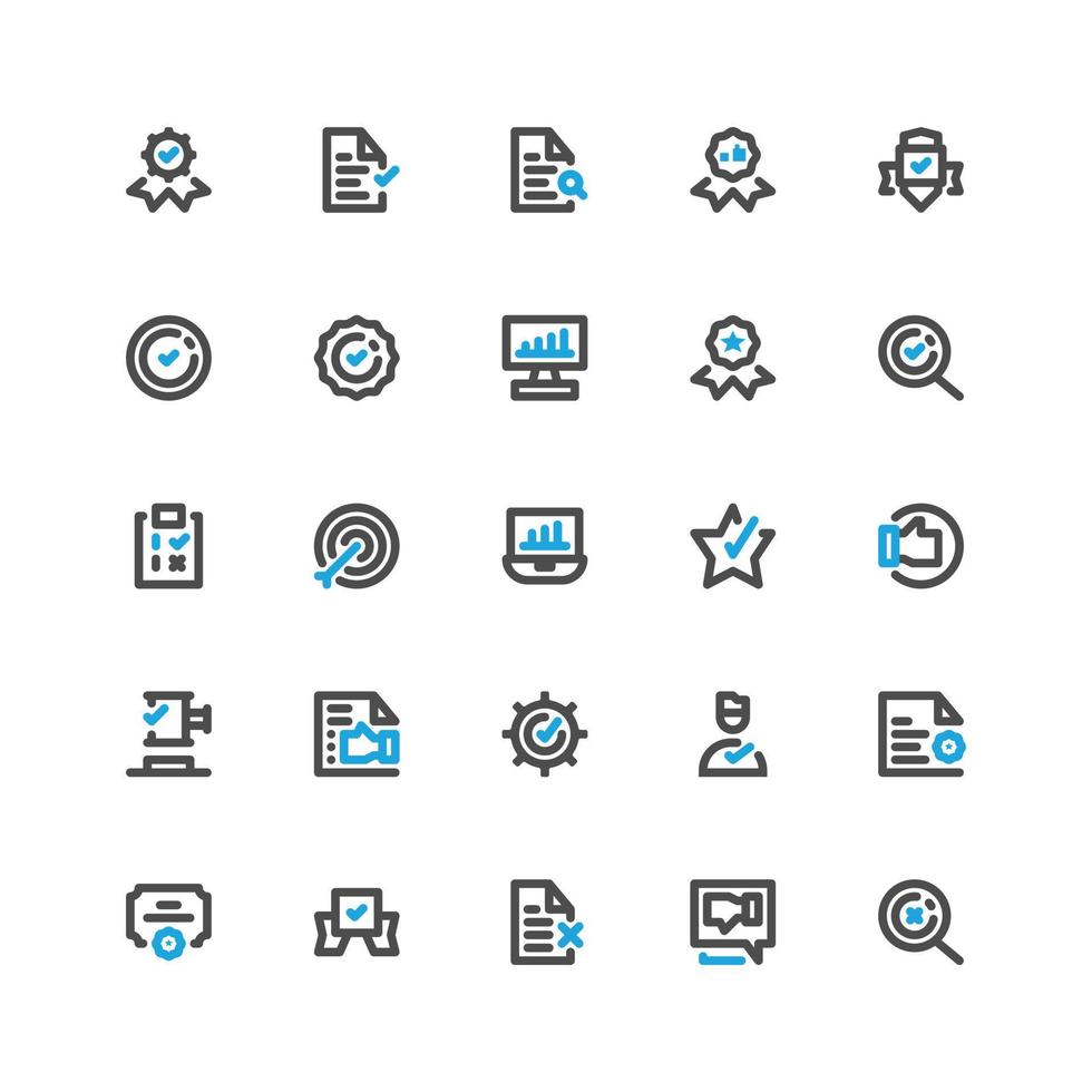 zakelijke kwaliteitsnormen en -vereisten vector icon set pack in dual tone stijl