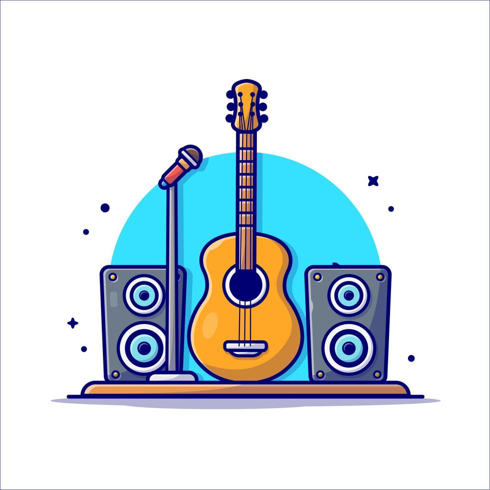 akoestische gitaar met microfoon en geluid spreker muziek cartoon vector pictogram illustratie. kunst object pictogram concept geïsoleerde premium vector. platte cartoonstijl