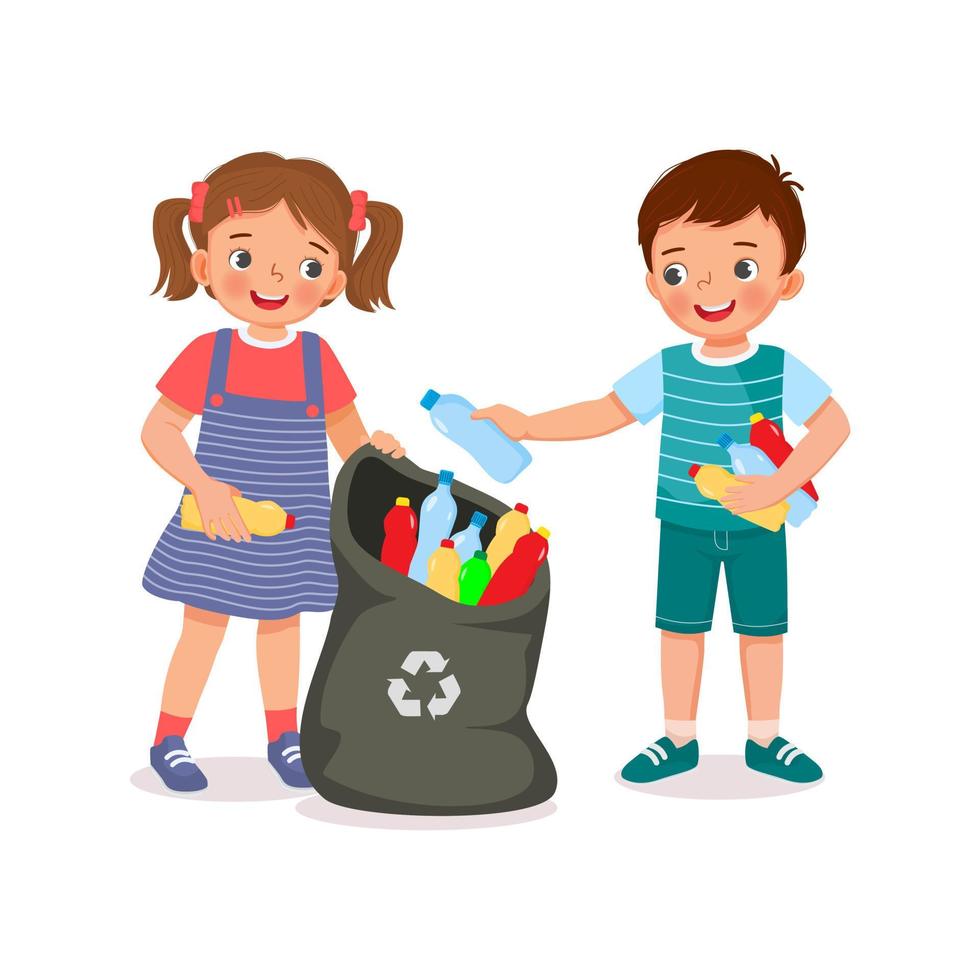 schattig jong kind kinderen jongen en meisje verzamelen en oppakken van plastic flessen in vuilniszak voor recycling helpen om het milieu te beschermen vector