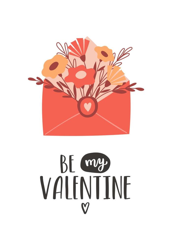 een ansichtkaart met een envelop met een boeket eenvoudige bloemen en een handgeschreven zin - be my valentine. een symbool van liefde, romantiek, Valentijnsdag,. kleur vectorillustratie op een witte achtergrond vector