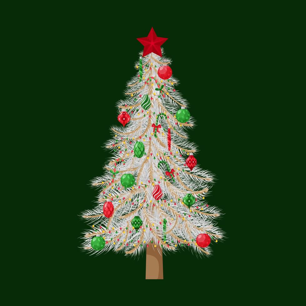 kerstboom met witte takken, versierd met kerstboomspeelgoed, ballen en een ster. voor wenskaarten, flyers. geïsoleerd op een donkere achtergrond. vectorillustratie in vlakke stijl. vector