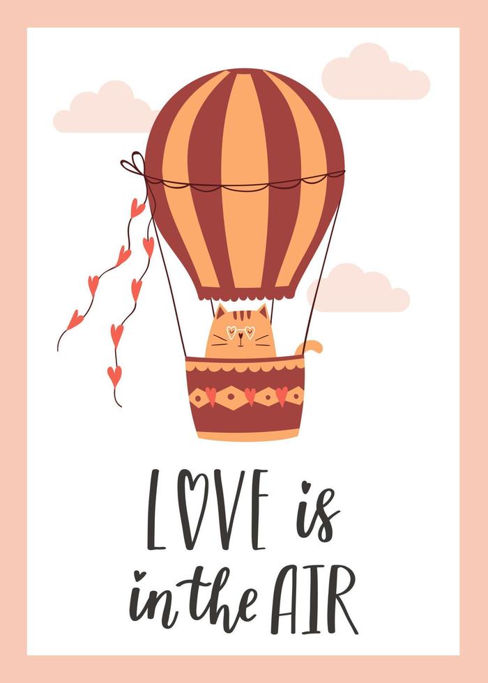 Valentijnsdag wenskaart met een schattige kat die op een heteluchtballon vliegt. de handgeschreven zin liefde is in de lucht. hand belettering. cartoon vectorillustratie geïsoleerd op een witte achtergrond. vector