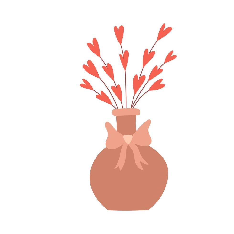een boeket met eenvoudige twijgen met hartvormige bladeren in een vaas met een strik. decoratief element voor Valentijnsdagkaarten. eenvoudige egale kleur vectorillustratie geïsoleerd op een witte achtergrond. vector