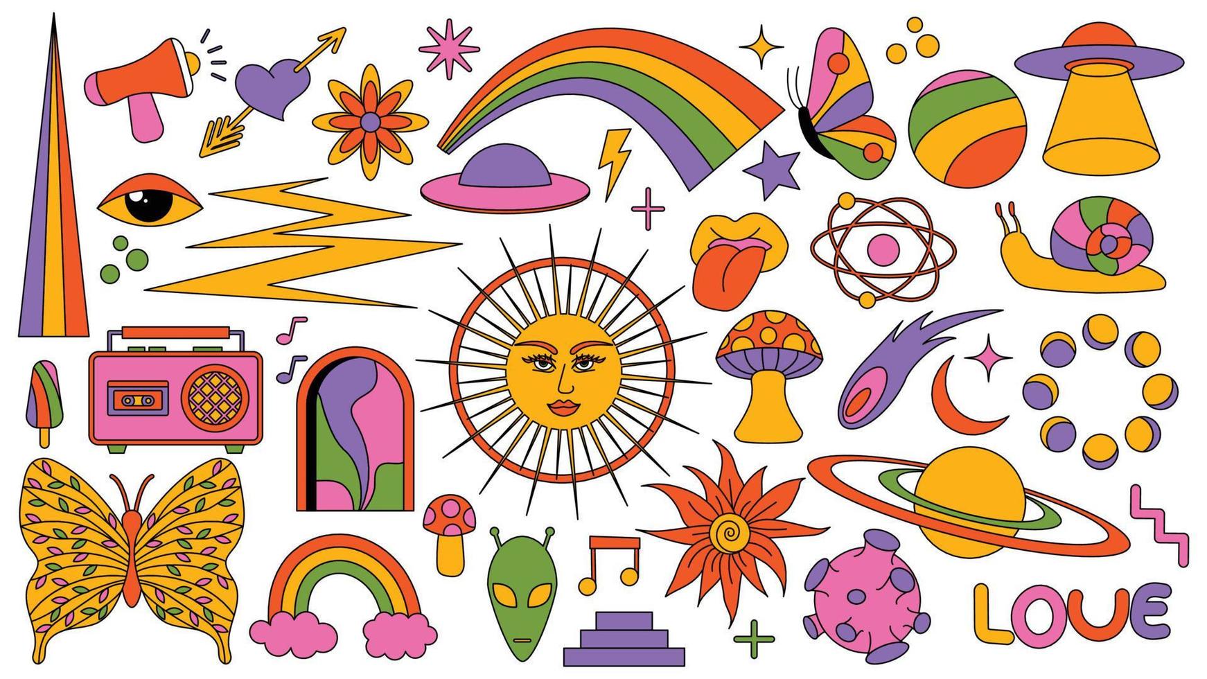 set hipster retro coole psychedelische elementen. collectie stickers van groovy cliparts uit de jaren 70 en 60. collage met trendy popvibe met funky designelement. abstracte achtergrond van cartoonsticker vector