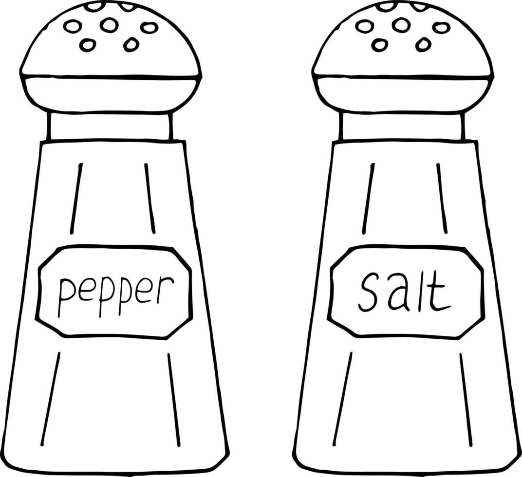 zout en peper shaker set icoon, sticker. schets hand getrokken doodle stijl. , minimalisme, zwart-wit. keuken, kruiderijen eten vector