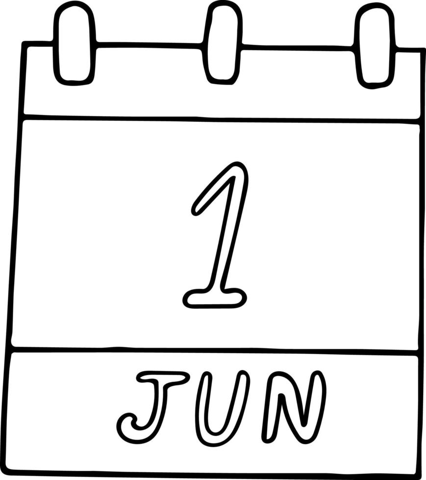 kalender hand getekend in doodle stijl. 1 juni internationale kinderdag, globale ouders, wereldmelk, datum. pictogram, stickerelement voor ontwerp. planning, zakenvakantie vector