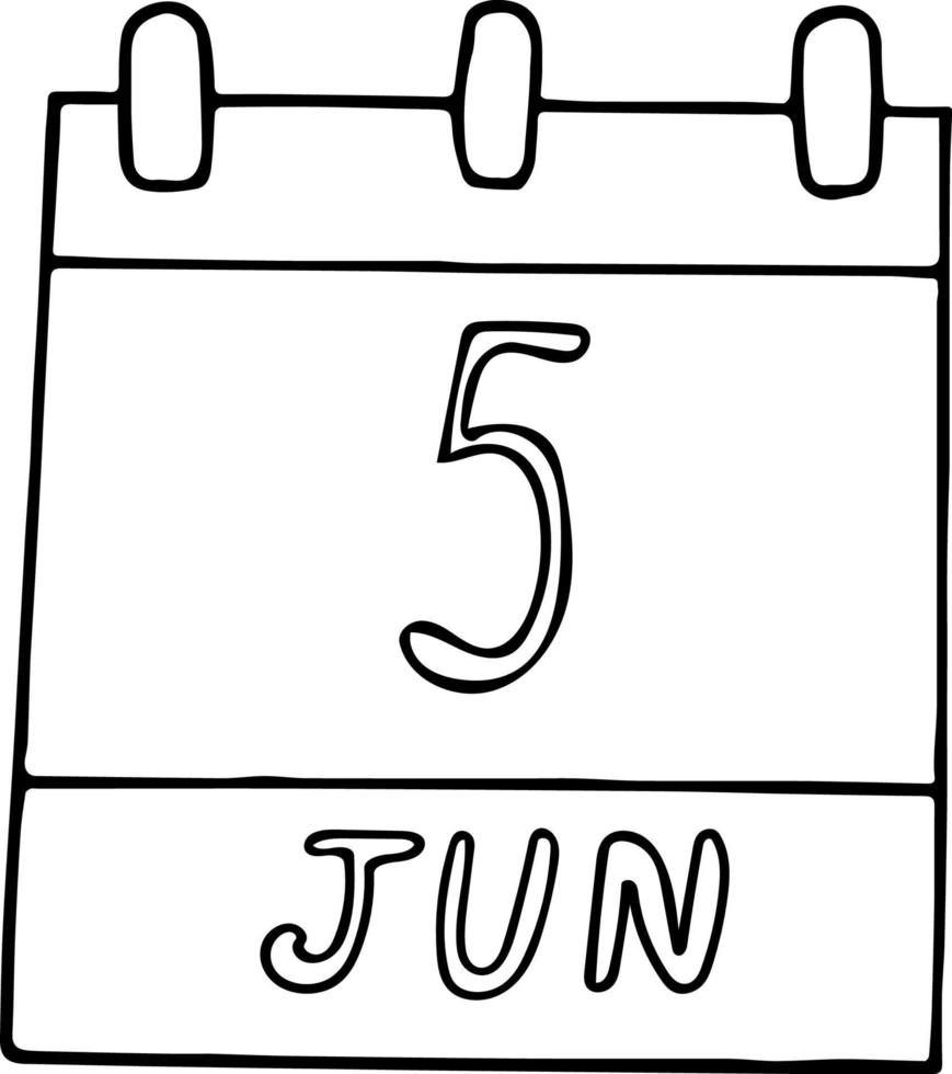 kalender hand getekend in doodle stijl. 5 juni wereldmilieudag, datum. element voor ontwerp. planning, zakenvakantie vector