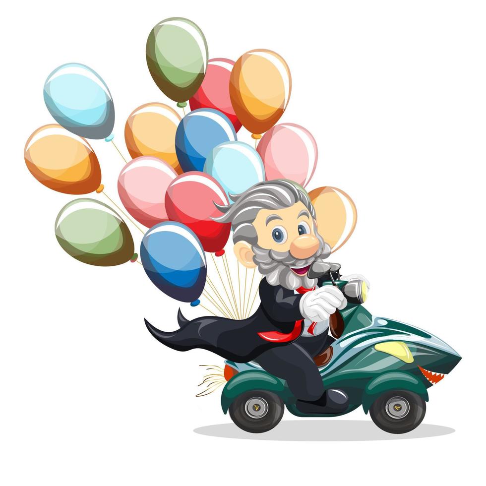 vector afbeelding van een goochelaar op een motorfiets met een stelletje ballonnen. concept. cartoon-stijl. eps 10