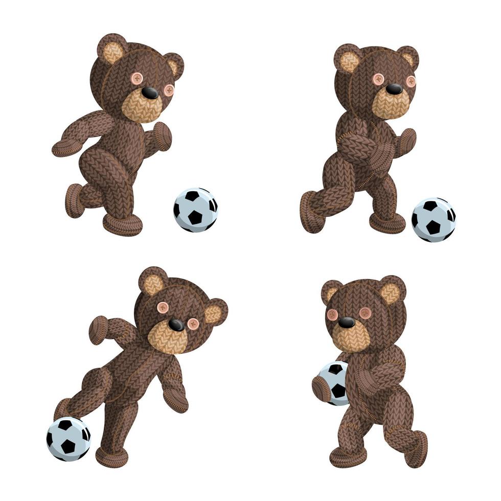 vector afbeelding van een set van vier gebreide beren in verschillende posities met een voetbal. geïsoleerd op een witte achtergrond. eps 10