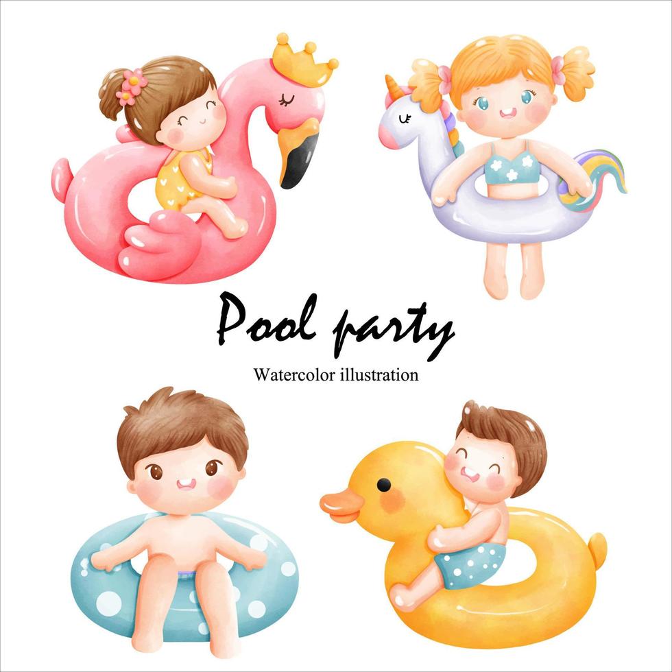 aquarel poolparty met schattige kinderen. vector illustratie