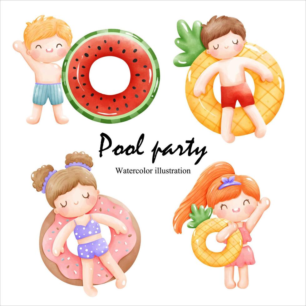 aquarel poolparty met schattige kinderen. vector illustratie