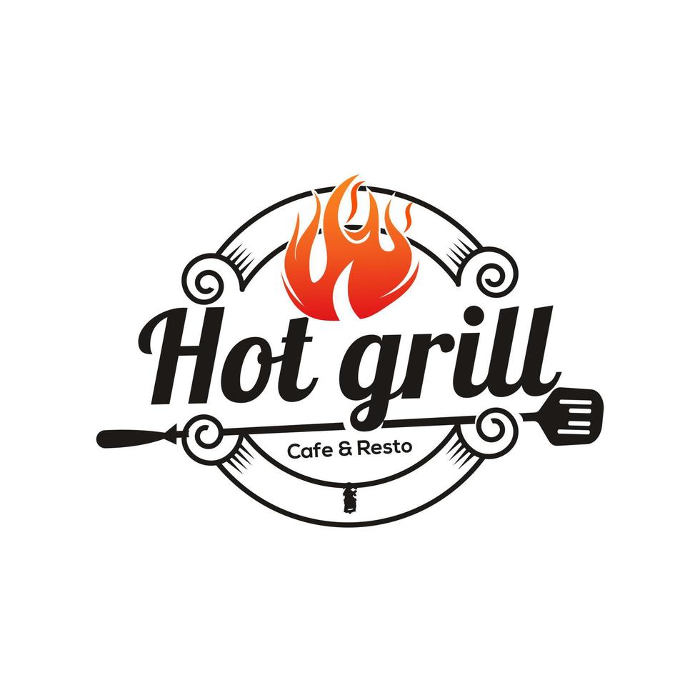 vintage gegrild barbecue-logo, vectorvuurgrillvoedsel vector