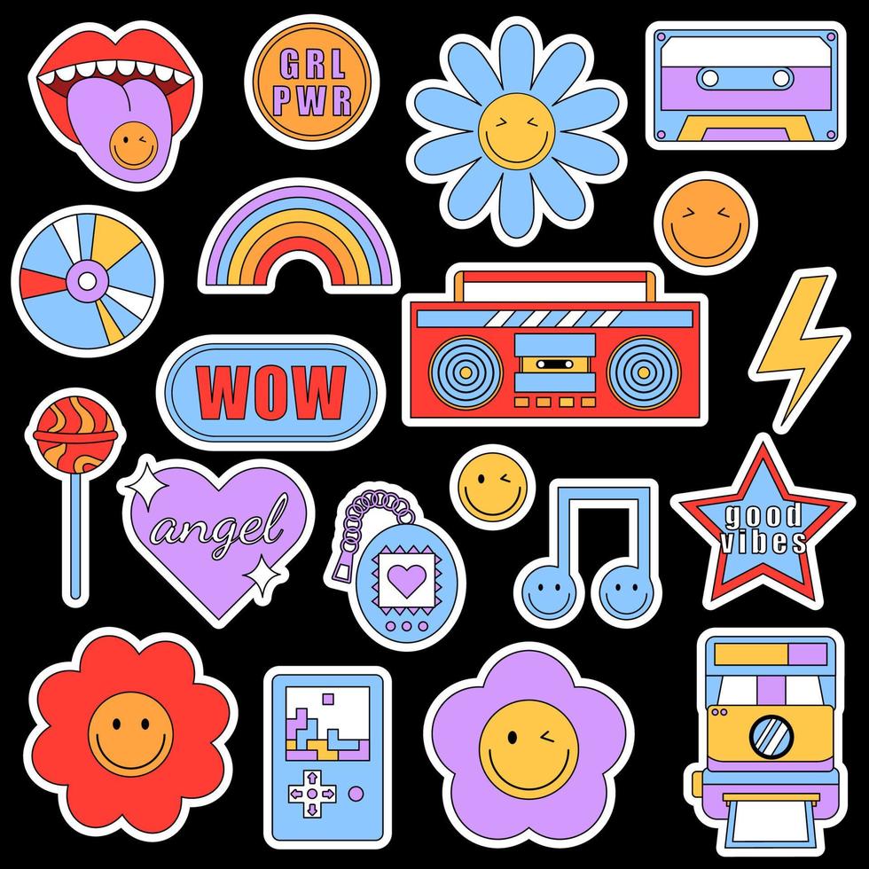 set trendy retro stickers met glimlach gezichten en jaren 90 elementen patches geïsoleerd op een witte achtergrond. funky, hipster retrowave stickers in geometrische vormen. vectorillustratie van y2k. vector