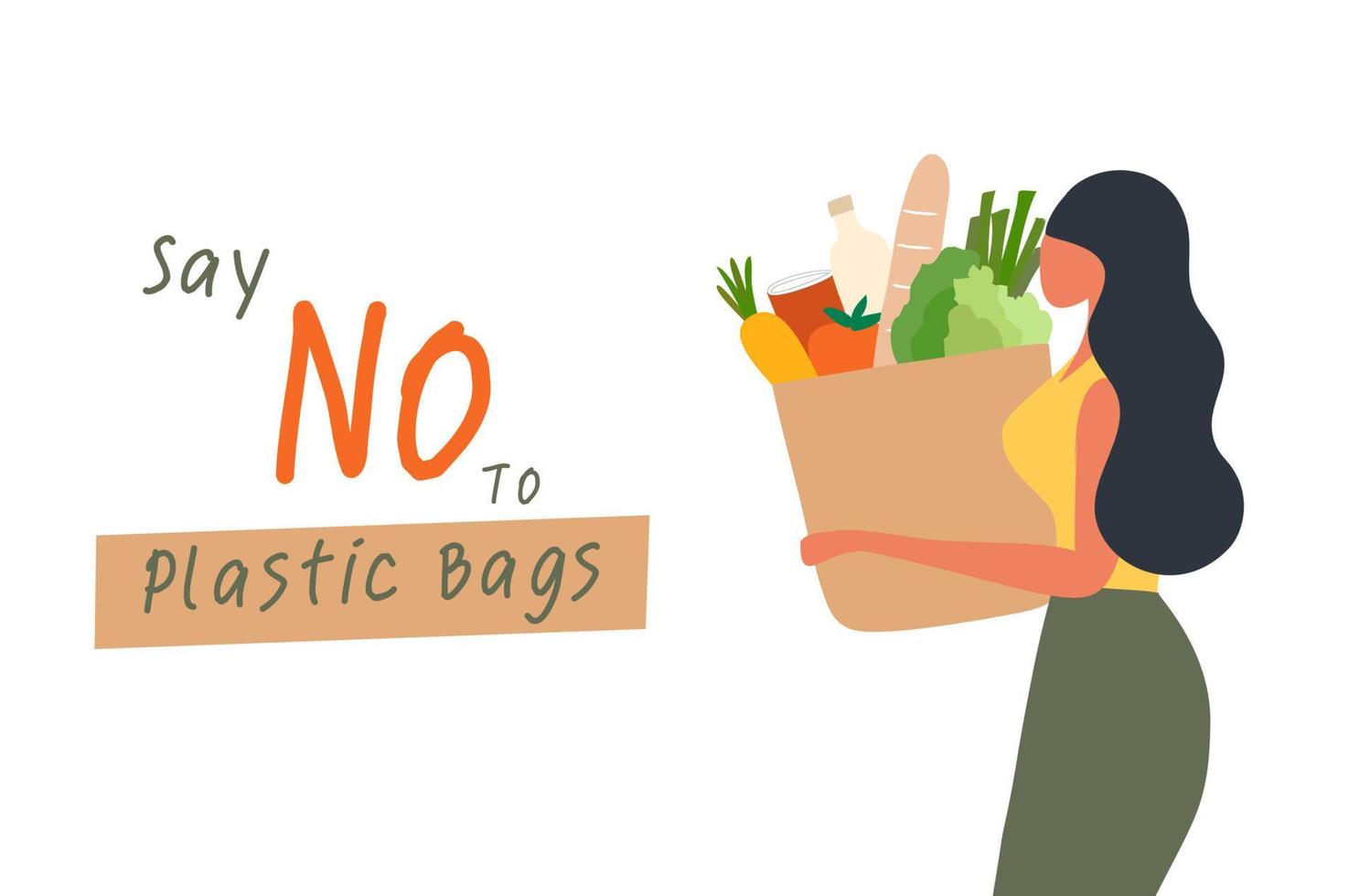 zeg nee tegen plastic zakken concept, vrouw met papieren boodschappentas vectorillustratie vector