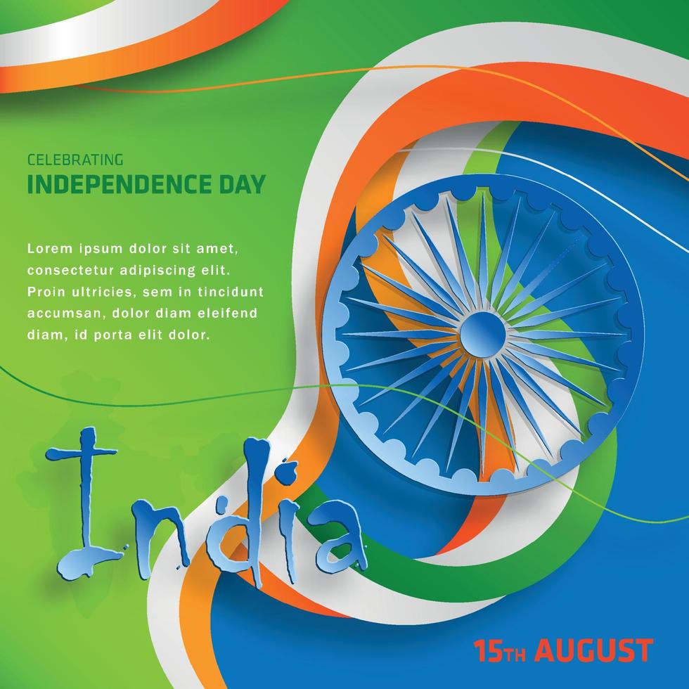 india onafhankelijkheidsdag, 15 augustus tekst in saffraan karakters met india elementen en blauw ashok wiel op kleur achtergrond vector