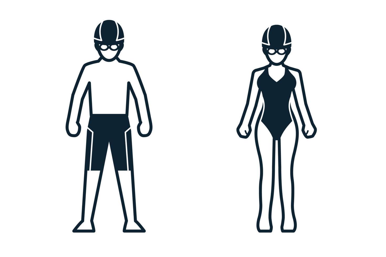 zwemmer, sportspeler, mensen en kledingpictogrammen met witte achtergrond vector