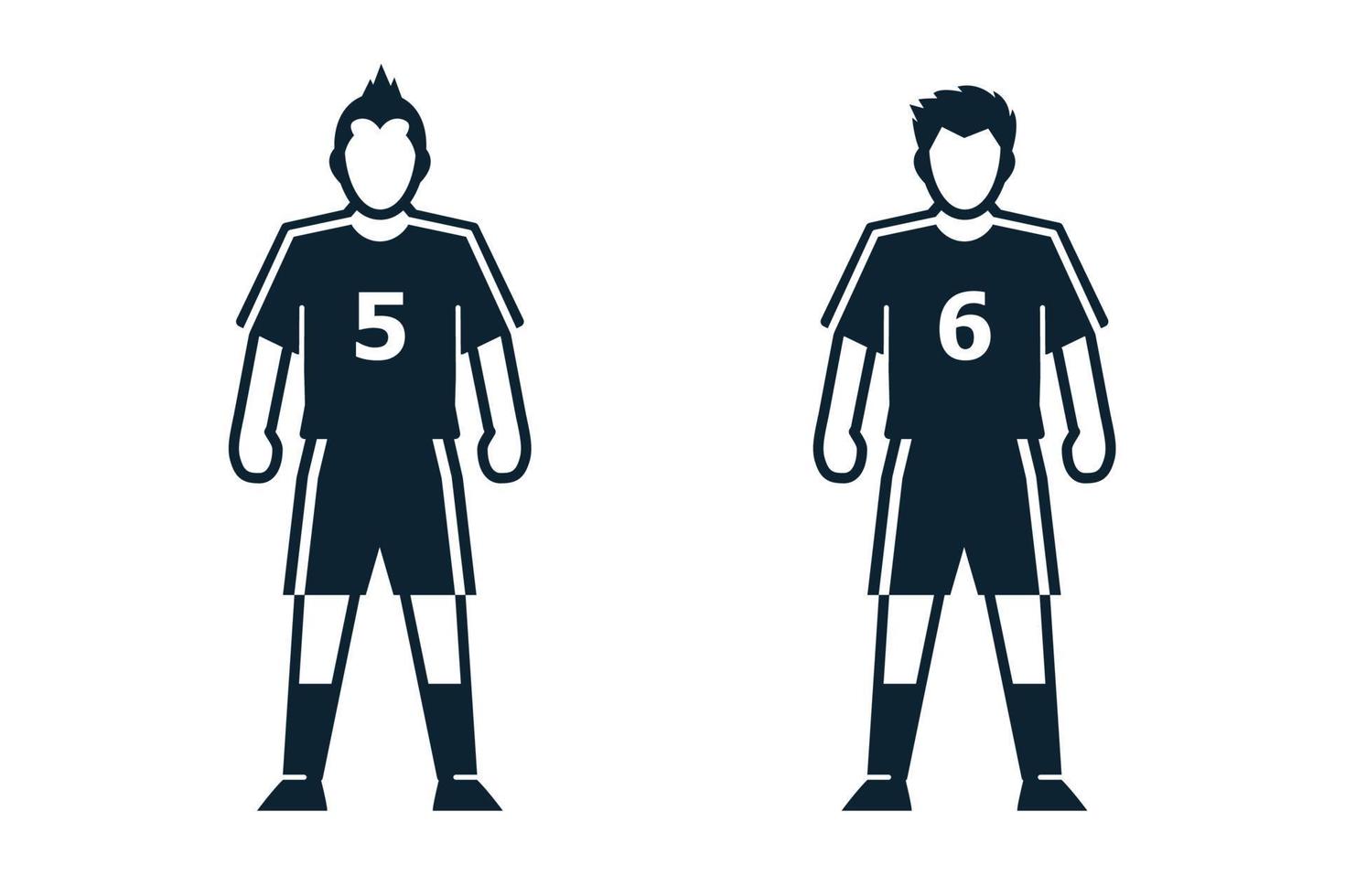 voetballer, mensen en kleding pictogrammen met witte achtergrond vector