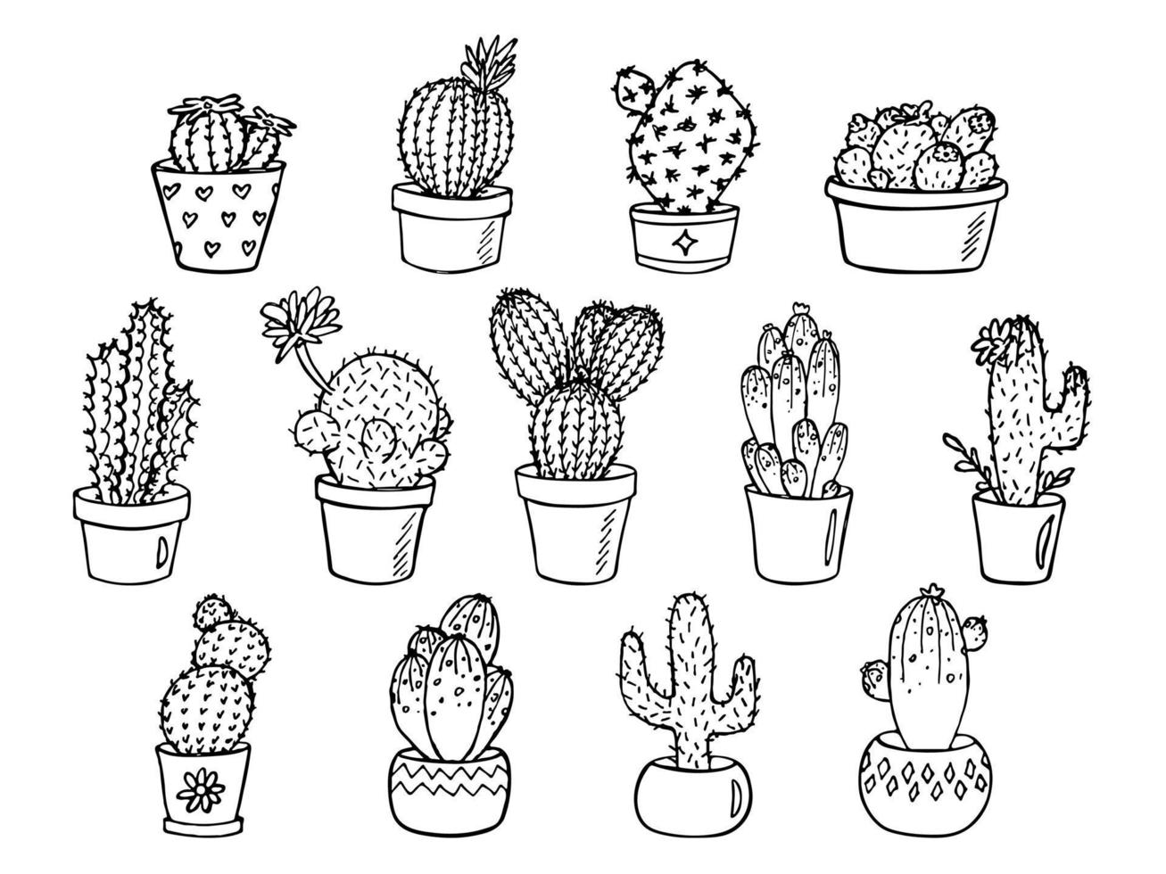 set van schattige handgetekende eenvoudige cactus. kamerplant in een pot clipart. cactussen illustratie. gezellige huiskrabbel. vector