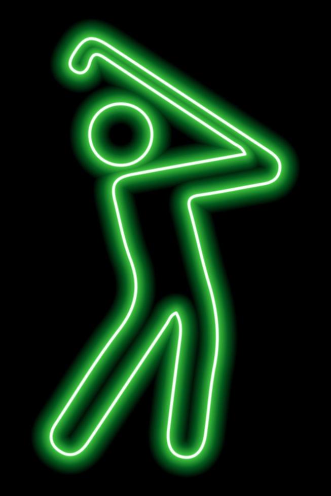 de neongroene omtrek van een man die golf speelt en met een club zwaait om de bal te raken. op een zwarte achtergrond. vector