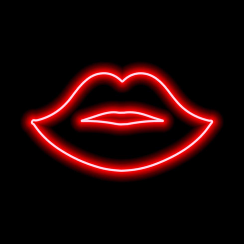 rode neon lippen op een zwarte achtergrond. de omtrek van de lippen van de vrouw. kus vector