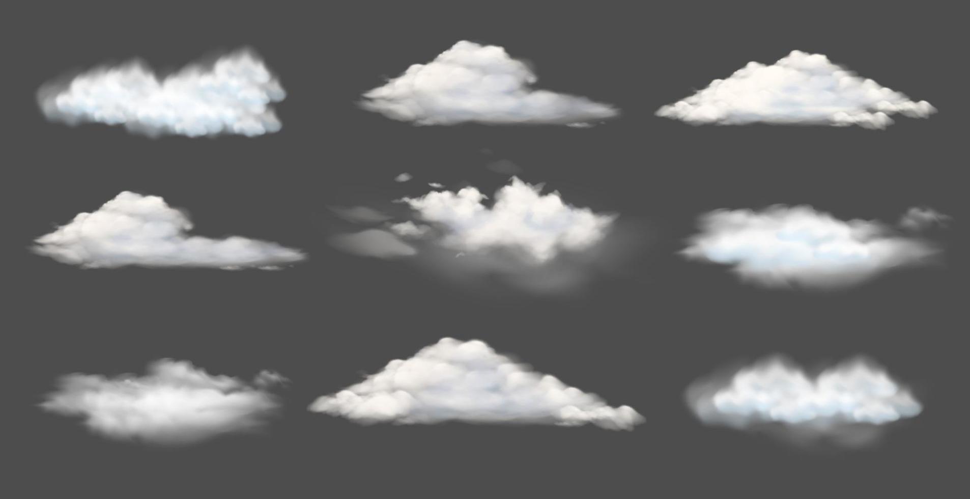 verzameling van witte wolken of mist van verschillende vormen, vectorillustratie van natuurlijke landschapsontwerpelementen vector
