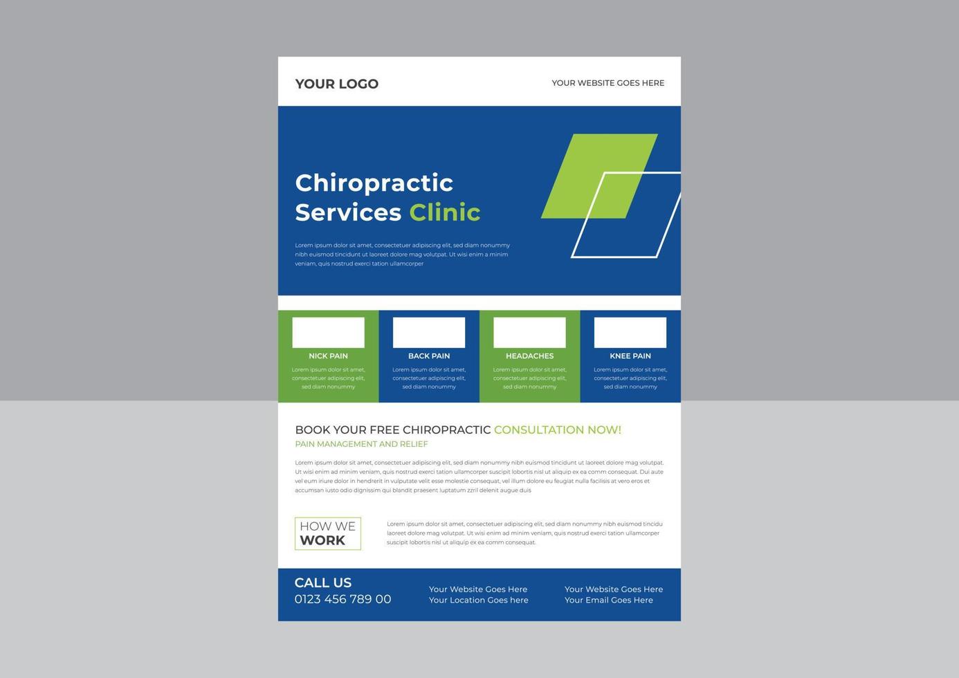 chiropractie flyer sjabloon, chiropractie en revalidatie service poster, chiropractie diensten kliniek flyer ontwerp. vector