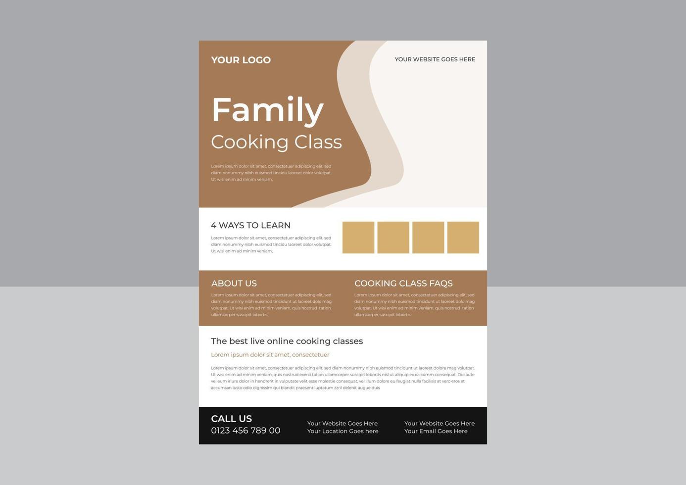 lay-outsjabloon voor flyer voor kooklessen, jonge chef-kokvrouw die keukenitem vasthoudt en heerlijk gebaar toont, flyerontwerp voor kooklessen. online kookles poster folderontwerp. vector
