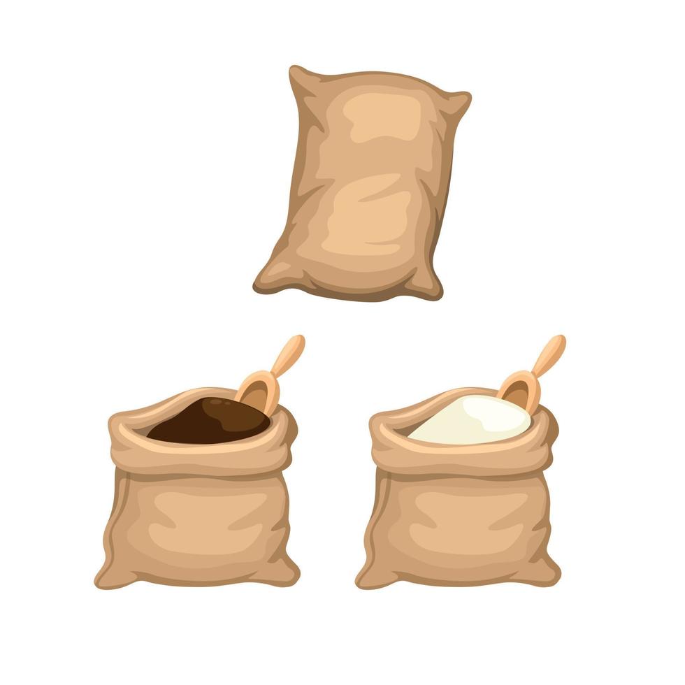 zak rijst, meel, zout of koffie voedselingrediënt symboolset cartoon illustratie vector