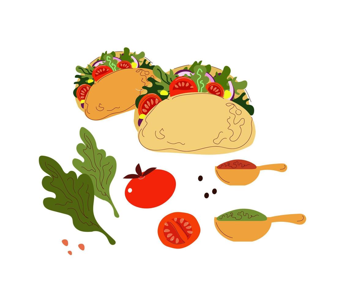 Taco groenten, traditioneel Mexicaans eten, doodle schets stijl vectorillustratie op witte achtergrond vector