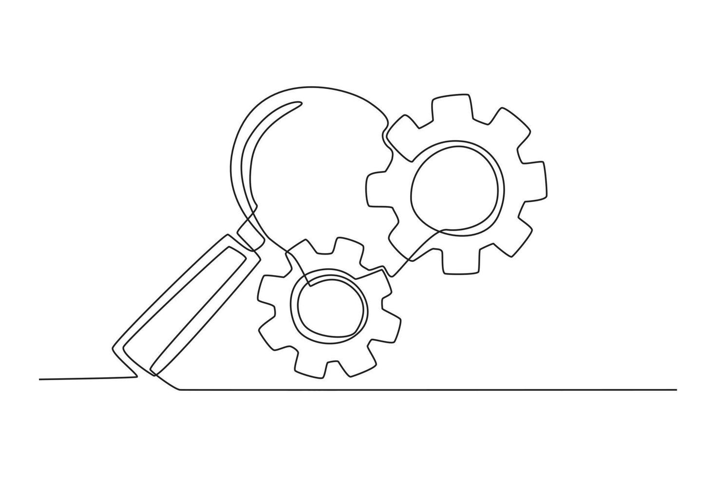 continu één lijntekening zakenman met vergrootglas tandrad controleren om de machine goed te laten werken. werkstroomconcept. werkstroomconcept. enkele lijn tekenen ontwerp vector grafische afbeelding.