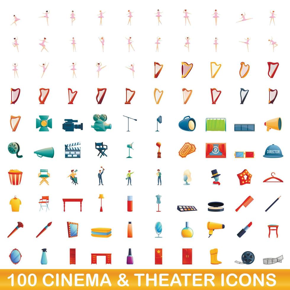 100 bioscoop en theater iconen set, cartoon stijl vector