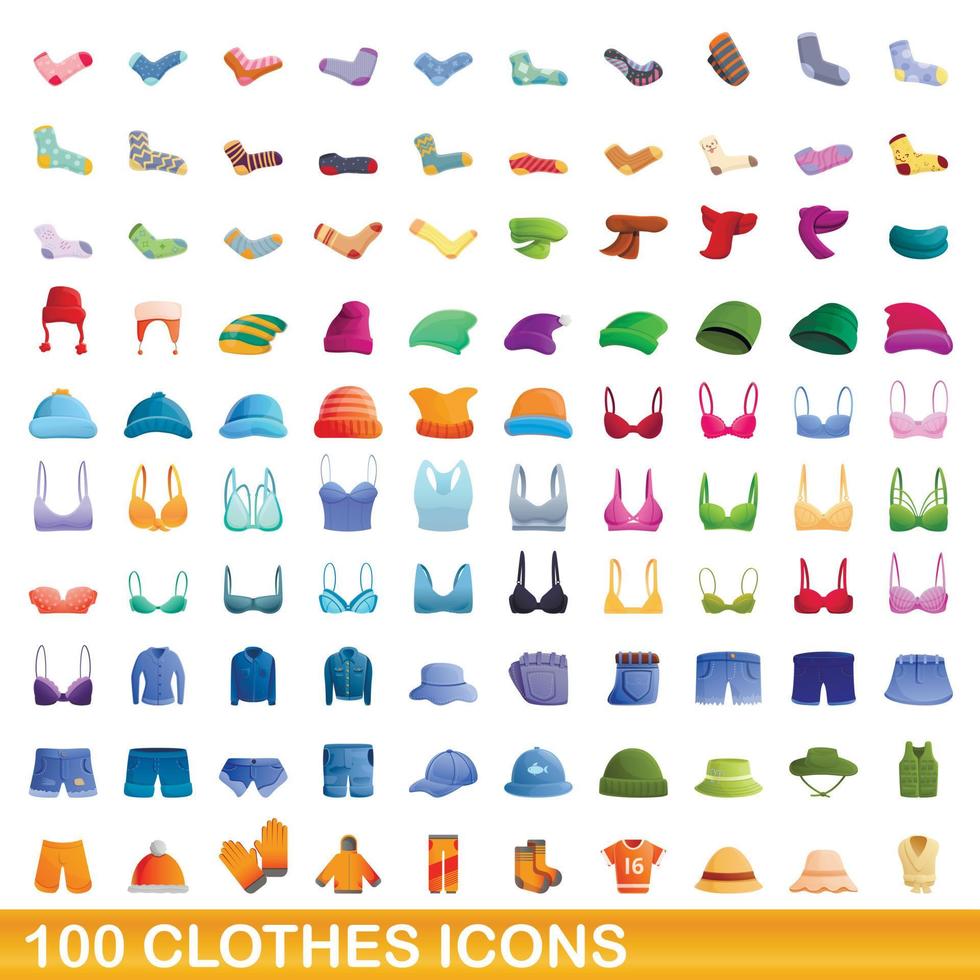 100 kleding iconen set, cartoon stijl vector