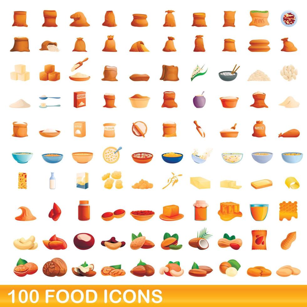 100 voedsel iconen set, cartoon stijl vector