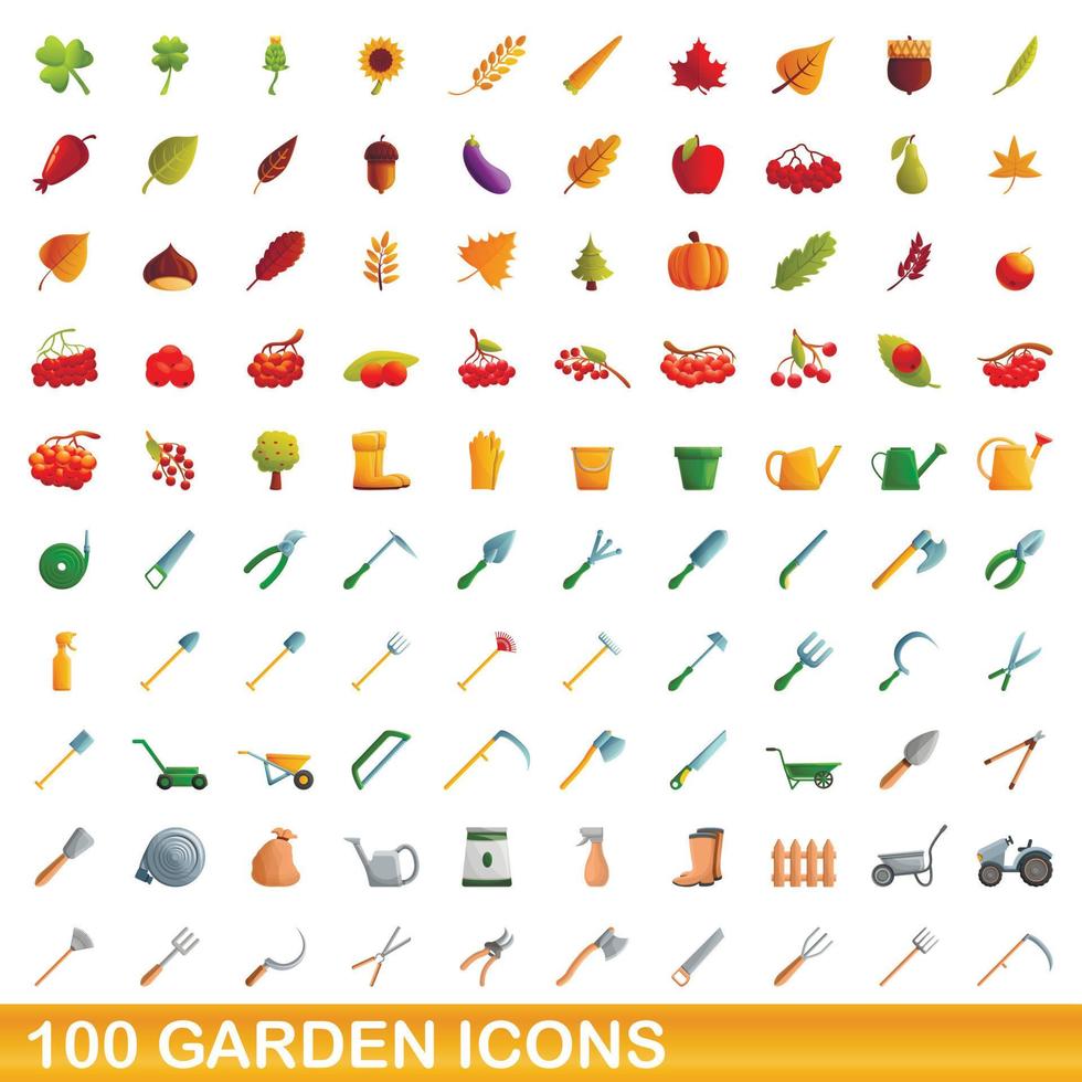 100 tuin iconen set, cartoon stijl vector