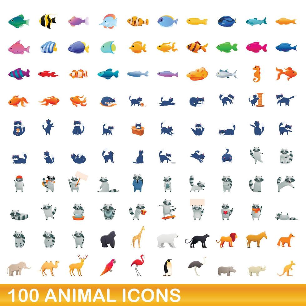 100 dieren iconen set, cartoon stijl vector