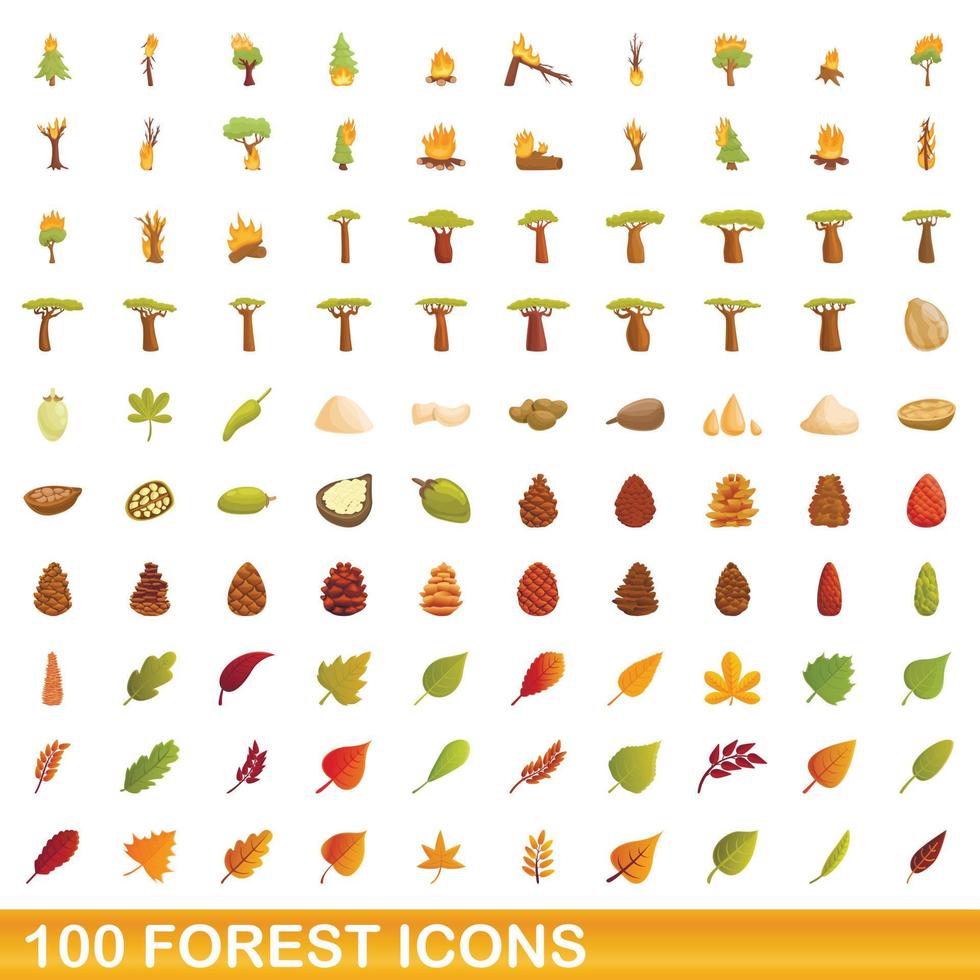 100 bos iconen set, cartoon stijl vector
