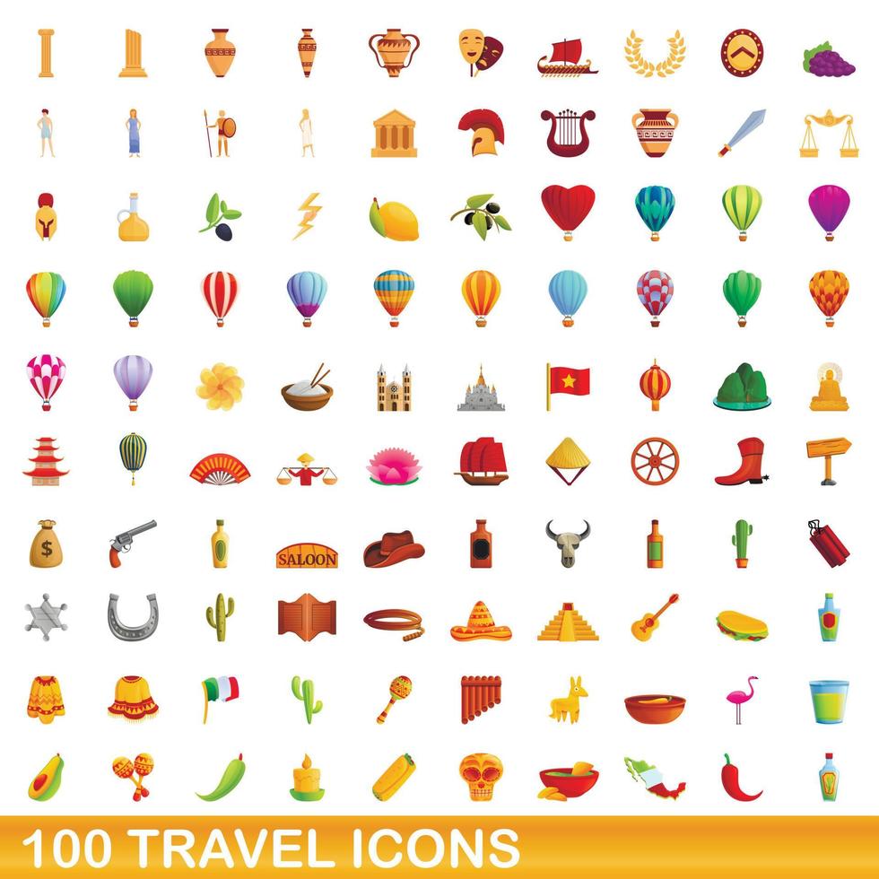 100 reizen iconen set, cartoon stijl vector